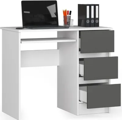 Immagine prodotto di BDW, scrivania per computer con 3 cassetti, cassetto per tastiera, 90x77x50 cm, bianco/grigio (destra)