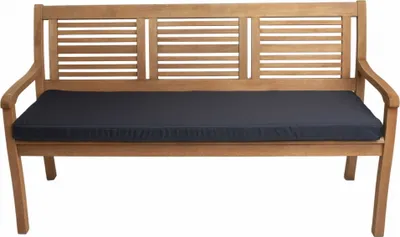 A wooden garden bench with a dark blue cushion, shown from the front against a white background.