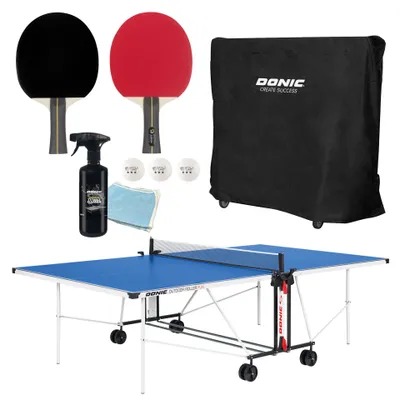 Produktbild von Donic Outdoor+Indoor Tischtennisplatte Roller Fun, inklusive 1 Abdeckhülle, 2 Tischtennisschläger, 1 x Tischreiniger mit Tuch, TT-Netz, Schlägerhalter