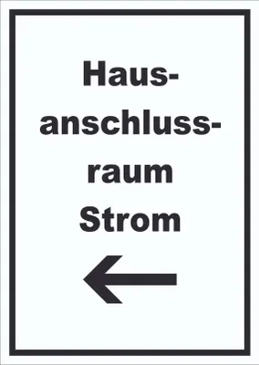 Produktbild von Hausanschlussraum Strom Schild mit Text und Richtungspfeil links HAR hochkant A2 Rückseite selbstklebend
