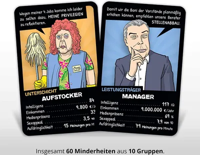Two cards from a card game are displayed, one featuring a cleaning lady and the other a businessman.