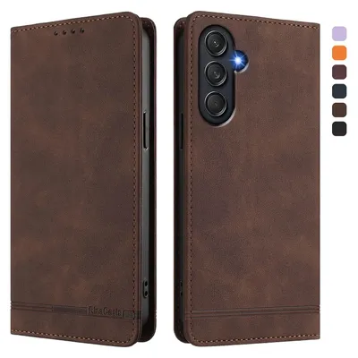 Produktbild von Hülle für Samsung Galaxy M55, Retro Kunstleder Ständer Klapphülle mit Kartenfächer und Magnetische Braun