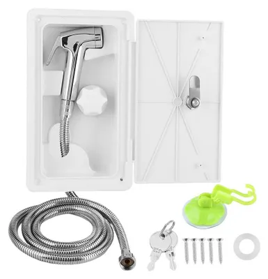 Imagen del producto de Ducha exterior con plato de ducha, sistema de agua caliente/fría, y 2 llaves, ideal para caravanas, embarcaciones y autocaravanas
