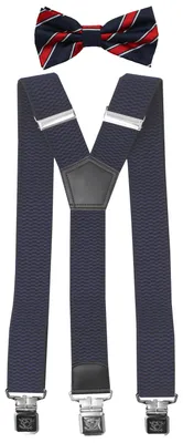 Produktbild von Fabio Farini - 1 Stück mit passender Fliege als Set 4cm Y-Form für Herren Pack Dunkelblau 4cm Hosenträger - Dunkelblau/Rot Gestreifter Fliege