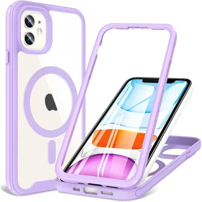Image de Coque de protection pour iPhone 11 (6,1 pouces) avec protection d'écran, compatible MagSafe, protection à 360°, antichoc, couleur violette