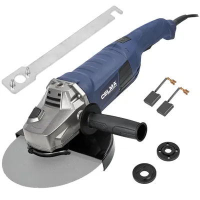 A new angle grinder and its accessories are displayed on a white background.