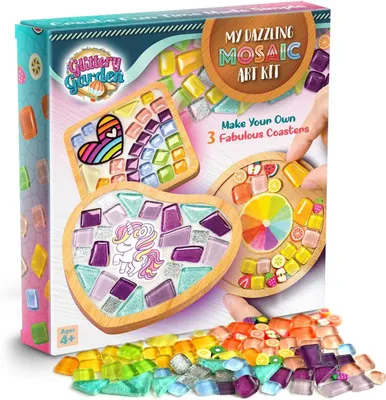 Productafbeelding van Glittery Garden Mozaïek knutselset - versier je eigen eenhoorn en regenboog ontwerp onderzetter met glazen tegels. Verjaardagscadeau