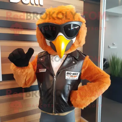 Produktbild von Orange REDBROKOLY Haast S Eagle Maskottchen kostüm gekleidet in eine Lederjacke und eine Sonnenbrille