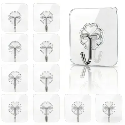 Image de Crochets adhésifs, lot de 10, transparents, crochets muraux adhésifs, pas besoin de percer, pour la cuisine, la salle de bains, montage mural et au plafond.