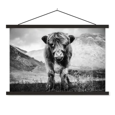 Produktbild von MuchoWow® Textilposter Schottischer Highlander - Berg - Schwarz - Weiß 90x60 cm mit schwarzem Rahmen - Aufhängungssatz
