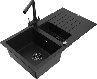 Produktbild von Mexen Matias 1,5-Becken-Granitspüle mit Abtropffläche und Mischbatterie Duero, Schwarz - 6502-77-671600-70-B