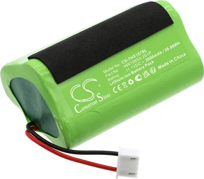 A green lithium-ion battery pack with black and red wires and a white connector.