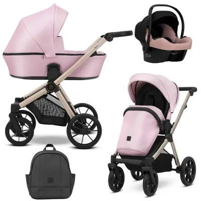 Immagine prodotto di Carrozzina Kunert BRAV 3in1 in ecopelle rosa con telaio champagne, ruote in gel e seggiolino auto