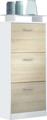Produktbild von Vladon Schuhschrank Lavia V2, Schuhkipper für 12 Paar Schuhe mit 3 Klappen und Glasablage, Weiß matt/Eiche sägerau (46 x 128 x 23 cm)