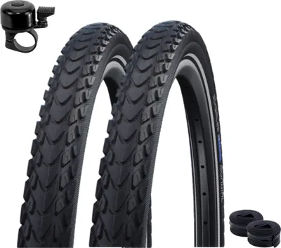 Produktbild von maxxi4you 2 x Schwalbe Marathon Mondial Performance Fahrradreifen RaceGuard E-50 Schwarz/Reflex 42-622 (28 x 1.60") + 2 Schwalbe DV17 Schläuche inkl. maxxi4you Fahrradklingel