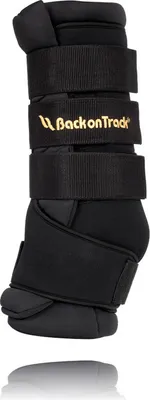 A black horse leg wrap with velcro straps and a gold logo.