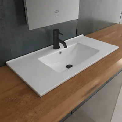 Produktbild von Alpenberger Gäste WC Waschbecken 80 cm Breit | Waschtisch Einbauwaschbecken | Aufsatzwaschbecken Eckig | Waschplätze | Handwaschbecken mit Keramik Versiegelung Nano und Überlauf
