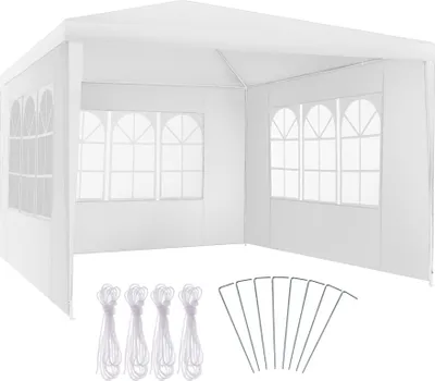 A white gazebo tent with windows, and accessories like ropes and stakes.