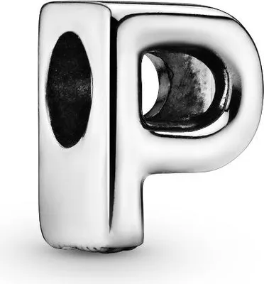 A close-up studio shot of a silver letter 'P' charm.