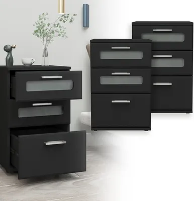 A set of black nightstands with frosted glass drawer fronts, displayed in a room setting with a wall and floor.