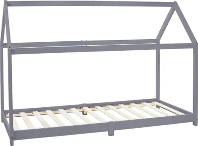 Produktbild von ML-Design Kinderbett 90x200 cm mit Dach und Lattenrost, Hellgrau, Hausbett aus massivem Kiefernholz Bodenbett Holzbett Jugendbett Spielbett Zelt