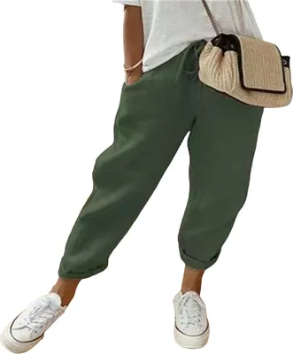 Produktbild von ASKSA Dámské plátěné kalhoty Lehké letní kalhoty Pohodlné kalhoty Volnočasové kalhoty Plážové kalhoty s kapsami, Army Green, vel: L