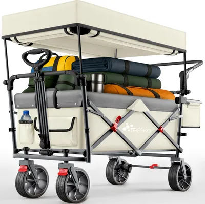 Produktbild von TRESKO® Bollerwagen Faltbar mit Dach Beige, Kühlfach & Seitenrollos | Handwagen max. belastbar bis 150kg | Transportwagen mit Vollgummireifen & Feststellbremsen (Vorne & Hinten) und 3-Punkt-Gurt