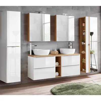 Produktbild von Badmöbel Set mit Doppel-Waschtisch inkl. 2 Keramik Aufsatzbecken TOSKANA-56 Hochglanz weiß, Wotaneiche BxHxT ca. 260/190/46cm