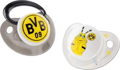 Two baby pacifiers with Borussia Dortmund branding.