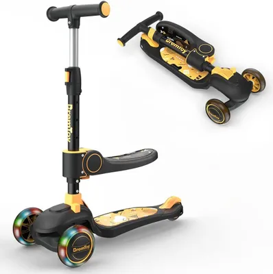 Produktbild von BremToy Kinderroller mit Sitz, Tretroller mit LED Rädern, Kinder Scooter mit Höhenverstellbarem Lenker, Faltbarer Kinder Roller für Kinder 1-8 Jahren Gelb