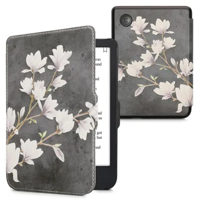Produktbild von kwmobile Schutzhülle für Kobo Clara 2E / Tolino Shine 4 Hülle - eReader Flip Case mit Auto Sleep Funktion - Magnolien mit Taupe Weiß Dunkelgrau