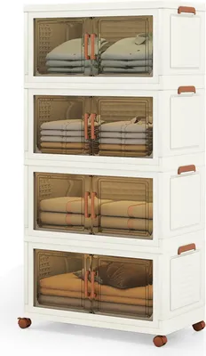 Immagine prodotto di Contenitori pieghevoli, guardaroba impilabile in 4 pezzi in plastica, con coperchi e ante, con rotelle, bianco e marrone