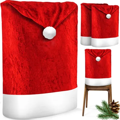 A collage of Christmas-themed chair covers designed to look like Santa hats, with one cover shown on a chair and others displayed separately. A pine cone and sprigs of pine needles are also visible.