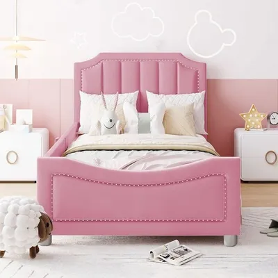 Produktbild von Odikalo Kinderbett Polsterbett Jugendbett 90x200 Flanell Rückenlehne Armlehne Rosa