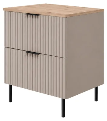 Produktbild von Badezimmerschrank stehend 60, gerillte Front 16 mm, Kaschmir + Platte helle Eiche, Griffe in zwei Farben, 60 x 46 x 73,6 cm, KI-generiertes Bild