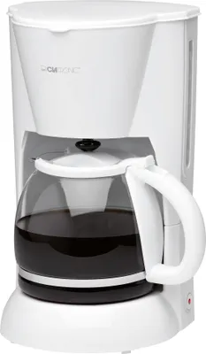 A white Clatronic coffee maker with a glass carafe filled with coffee, set against a white background.