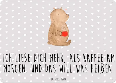 Produktbild von Mr. & Mrs. Panda Schild Bär Morgenkaffee DIN A6 - Grau Pastell - Geschenk, für Frauen, Hochzeitstag, Wandbild, Freund, Freundin, Türschild, Blechschild, tafel, Partner