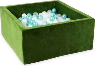 Produktbild von Bällebad 90x90x40 Samtig weich Olive – Mit 400 Bällen / transparent, perlmutt, metallic türkis