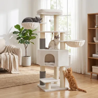 Produktbild von FEANDREA Kratzbaum, mit selbstwärmenden Decken, Katzenbaum, 2 Katzenbürsten, große Plattformen, weiß-beige