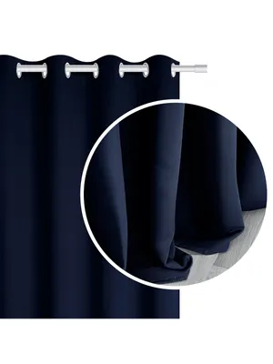 A close-up view of a navy blue curtain hanging from a curtain rod, with a magnified circular inset showing the texture and folds of the fabric near the bottom.