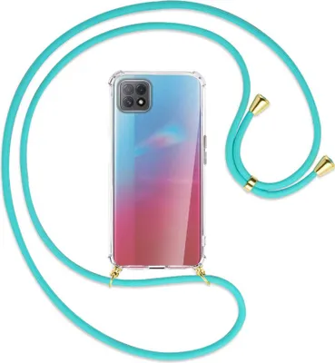 Produktbild von Handykette Backcover-Schutzhülle mit Band (Metall goldfarben) für Oppo A73 5G - türkis
