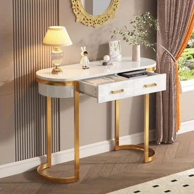 Obrázek produktu pro Přístavní stolek – Boční stolek – Vysoký úložný stolek – Bílá lesklá barva s zlatými detaily – 100x40x76 cm
