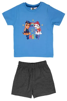 Produktbild von Paw Patrol Schlafanzug für Jungen - 1, 2, 3, Smile! Kinder Pyjama Set Kurzarm Oberteil mit Hose Blau/Grau 110-116