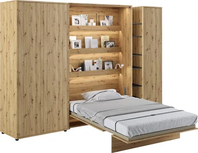 Produktbild von Wohnwand mit Schrankbett Bed Concept 120x200 Lenart Kleiderschrank Regalschrank Regal Led Beleuchtung Artisan Eiche