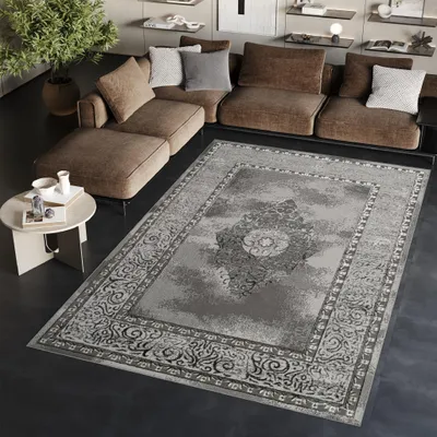 A living room scene with a sofa, rug, and side table.
