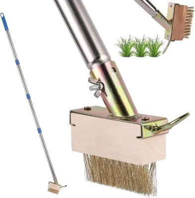 Image de brosse à désherber manuelle de 1524 cm pour désherber et détruire les mauvaises herbes, anti-mousse inoxydable avec poignée pour nettoyer les dalles de terrasse et les pavés