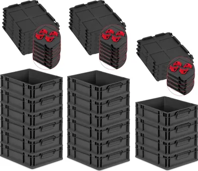 Produktbild von SuperSparSet 16x Eurobox NextGen Grip mit Auflagedeckel inkl. 4 roten Schiebeschnappverschlüssen | HxBxT 12x30x40cm | 11 Liter | Schwarz | Griffe geschlossen | Eurobehälter, Transportbox, Transportbehälter, Stapelbehälter