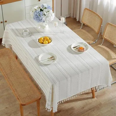 Produktbild von Famanu Tischdecke 90 x 90 cm - Macramé mit Fransen, gestreift, cremeweiß