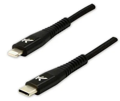 Produktbild von Logo USB kabel (2.0), USB C (M) - Apple Lightning M, 1m, MFi certifikat, 5V/3A, czarny, box, oplot nylonowy, aluminiowa osłona złą