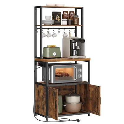 A kitchen baker's rack filled with kitchen appliances and cookware, set against a white background.
